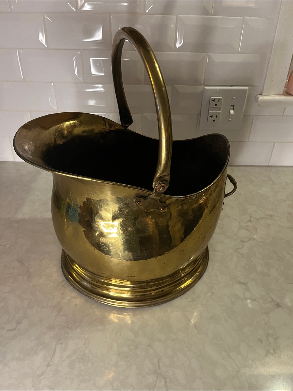 Vintage brass  Coal scuttle bucket sturdy handle large size helmet shape